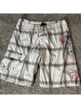 Miami Ink Board Shorts Mens 36 White Plaid Skull Cross Tattoo Swim Trunks Lined